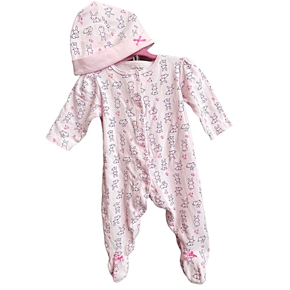 LITTLE ME 🐇🎀 Baby Girl Pink Bunnies Footed One-Piece & Hat Set NWOT | Size 6M